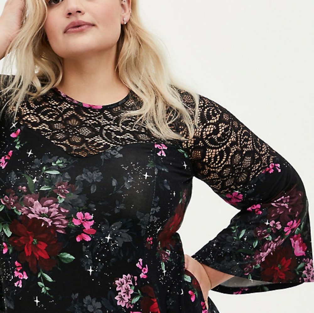 Torrid Black Floral Lace Bell Sleeve Dress